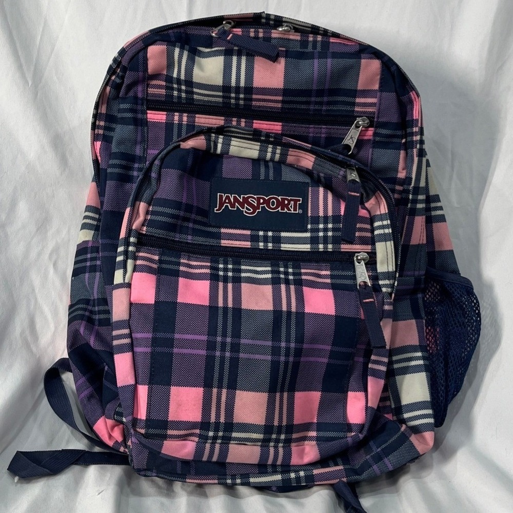 JanSport Backpack Pink Purple Navy Blue Plaid School Bag Large Student Daypack